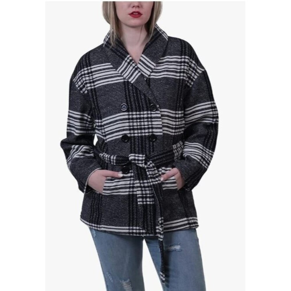 JOUJOU Trench Coat NWOT Wool Blend Plaid Gray Plaid Womens Size M